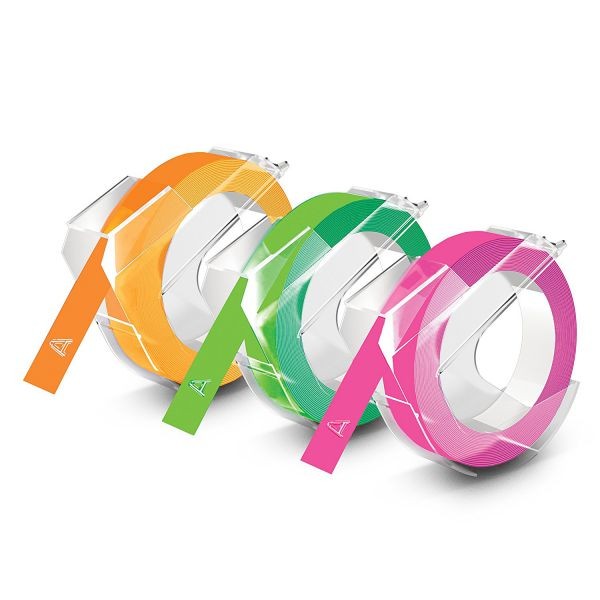  Dymo Omega лента для механических принтеров, ширина 9 мм, 3м рулон, пластиковая ассортимент (оранжевая, зеленая, розовая), 3 шт. в блистере