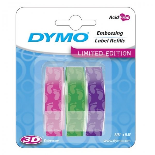  Dymo Omega лента для механических принтеров, ширина 9 мм, 3м рулон, пластиковая ассортимент (зеленый, фиолетовый, красный), 3 шт. в блистере